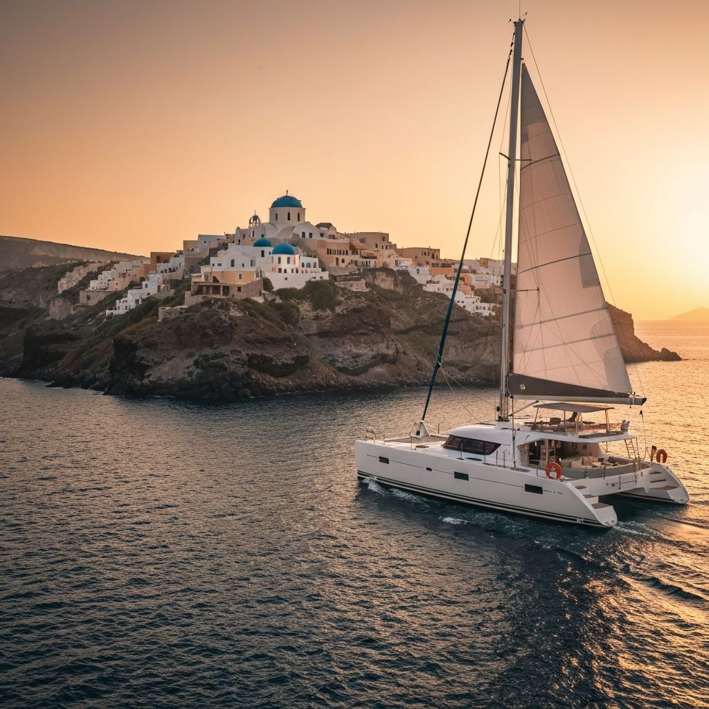 Croisière catamaran Santorin coucher de soleil caldera