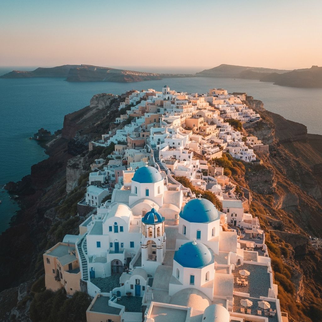 Vue panoramique de Santorin avec les maisons blanches et dômes bleus