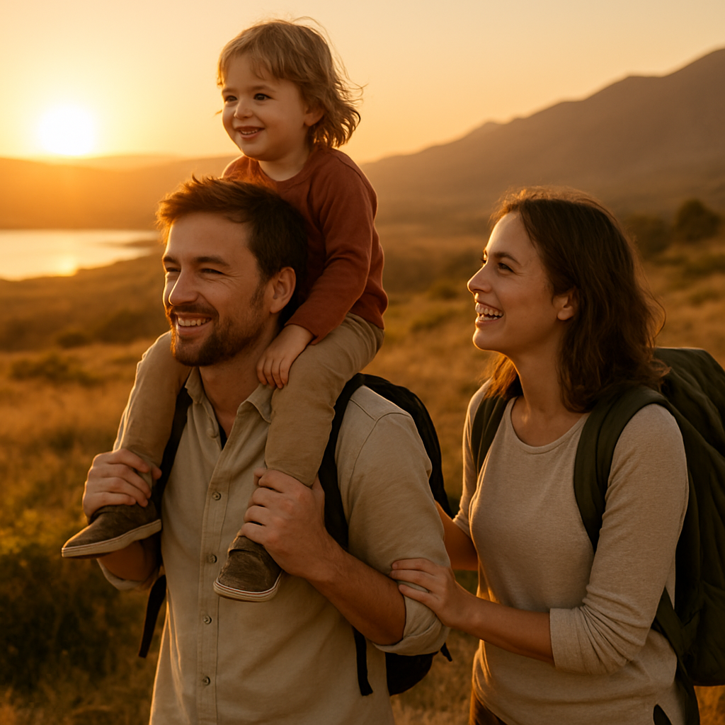 Parents voyageant avec leur jeune enfant dans un paysage de voyage