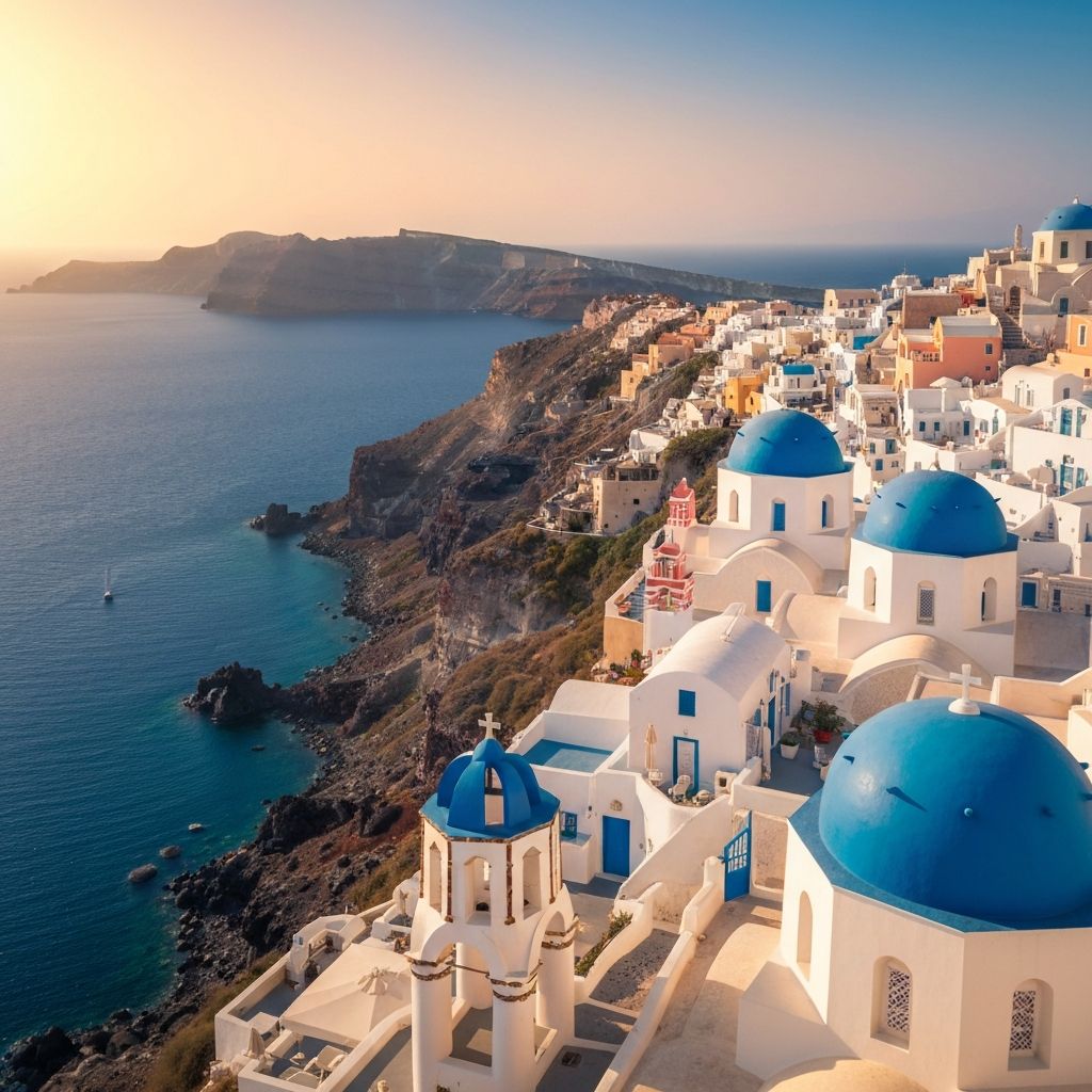 Santorin avec ses domes bleus et la mer Egee