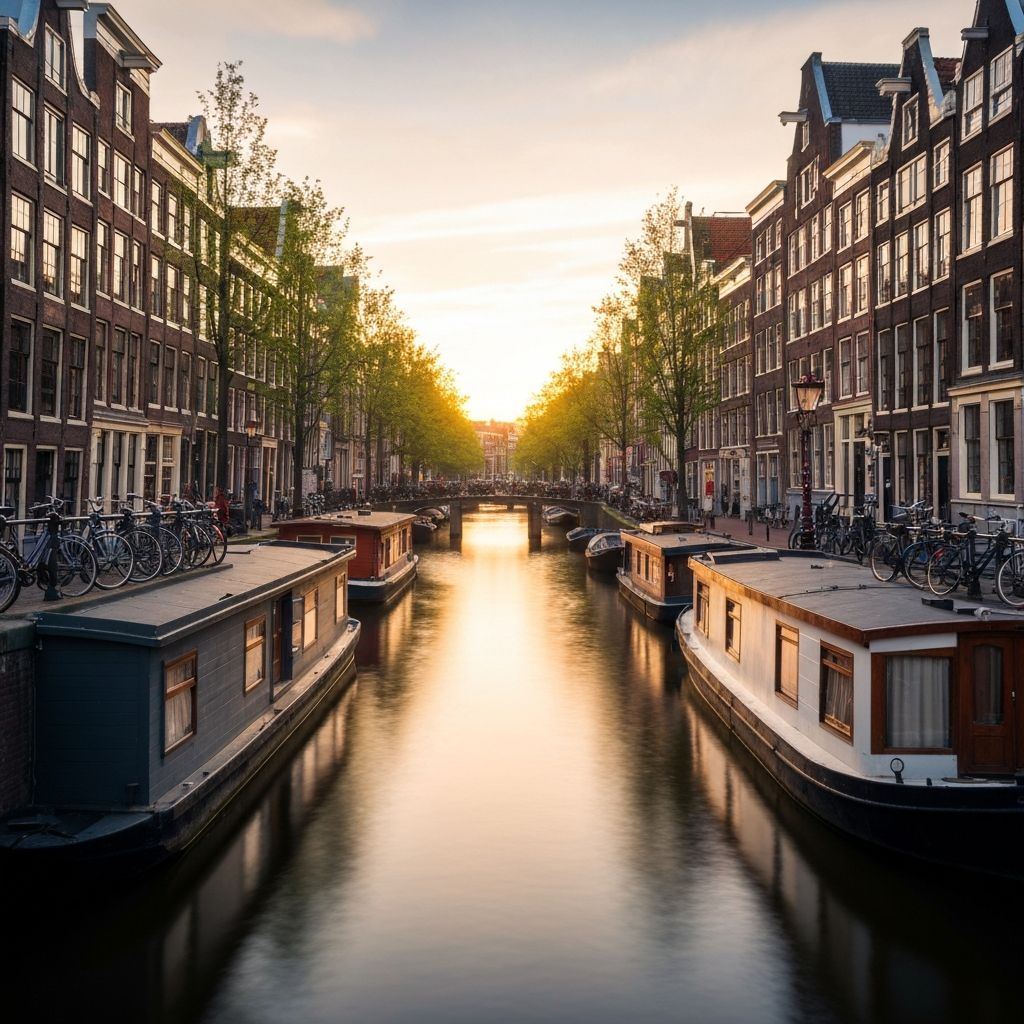Canaux d'Amsterdam bordés de maisons à pignons et vélos
