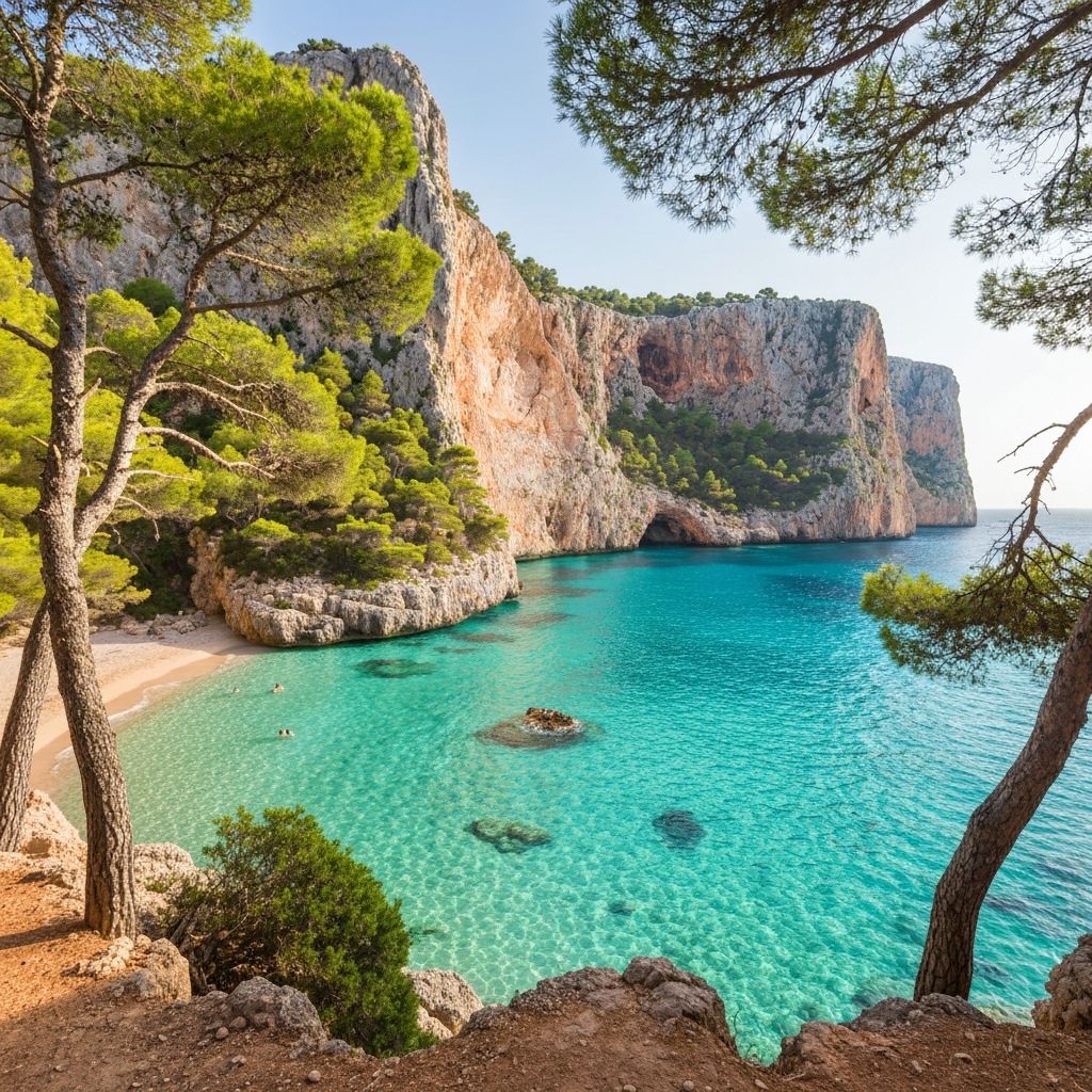 Crique turquoise de Majorque avec falaises et pins