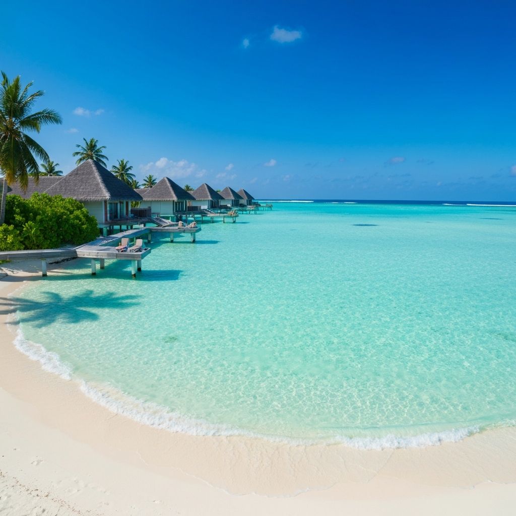 Villa sur pilotis aux Maldives au coucher du soleil