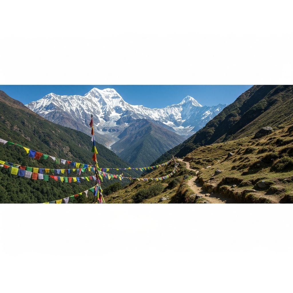 Sommet de l'Himalaya avec drapeaux de prière au Népal