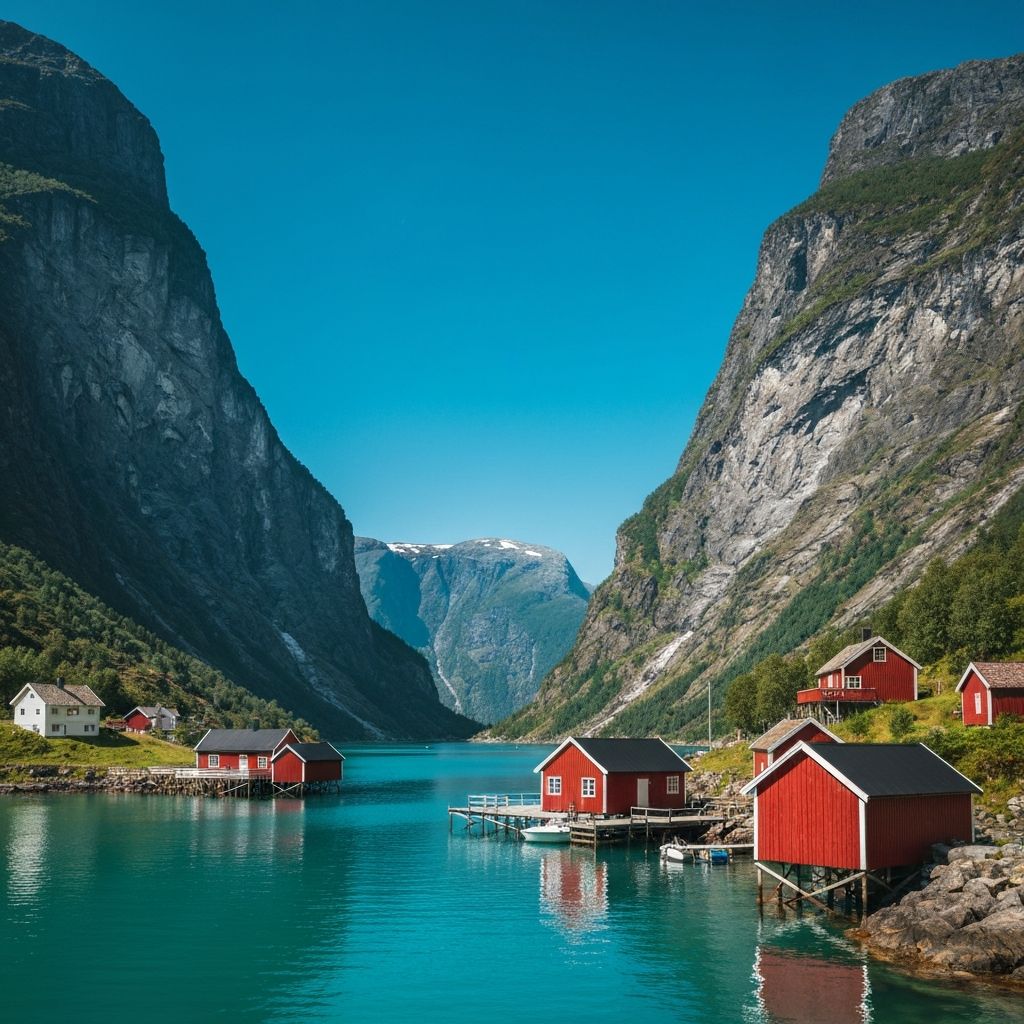 Fjord norvégien entouré de montagnes enneigées et villages de pêcheurs