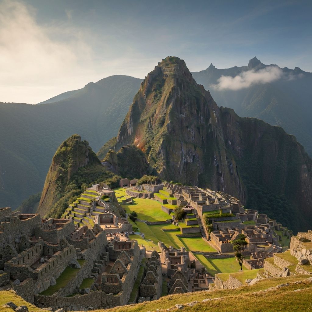 Vue panoramique du Machu Picchu avec le Huayna Picchu en arrière-plan, Pérou