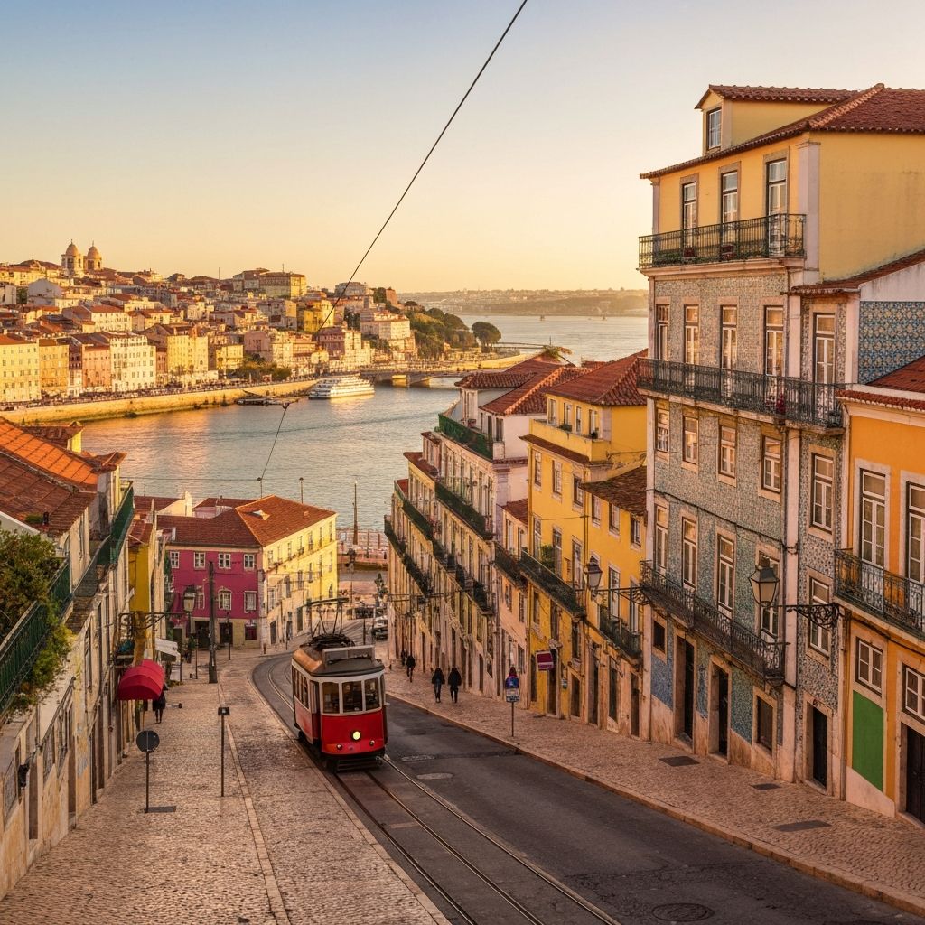 Vue panoramique de Lisbonne avec le tramway 28 dans le quartier d'Alfama