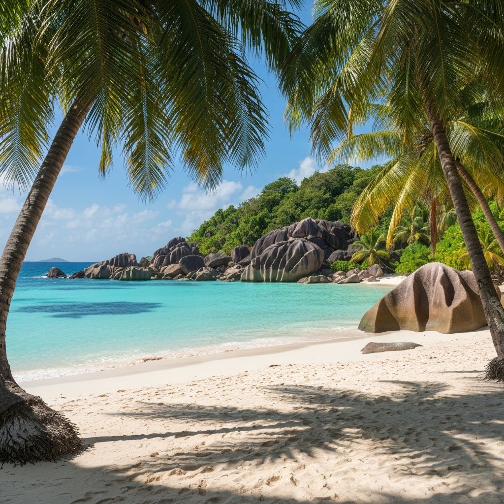 Plage de granit et eau turquoise aux Seychelles