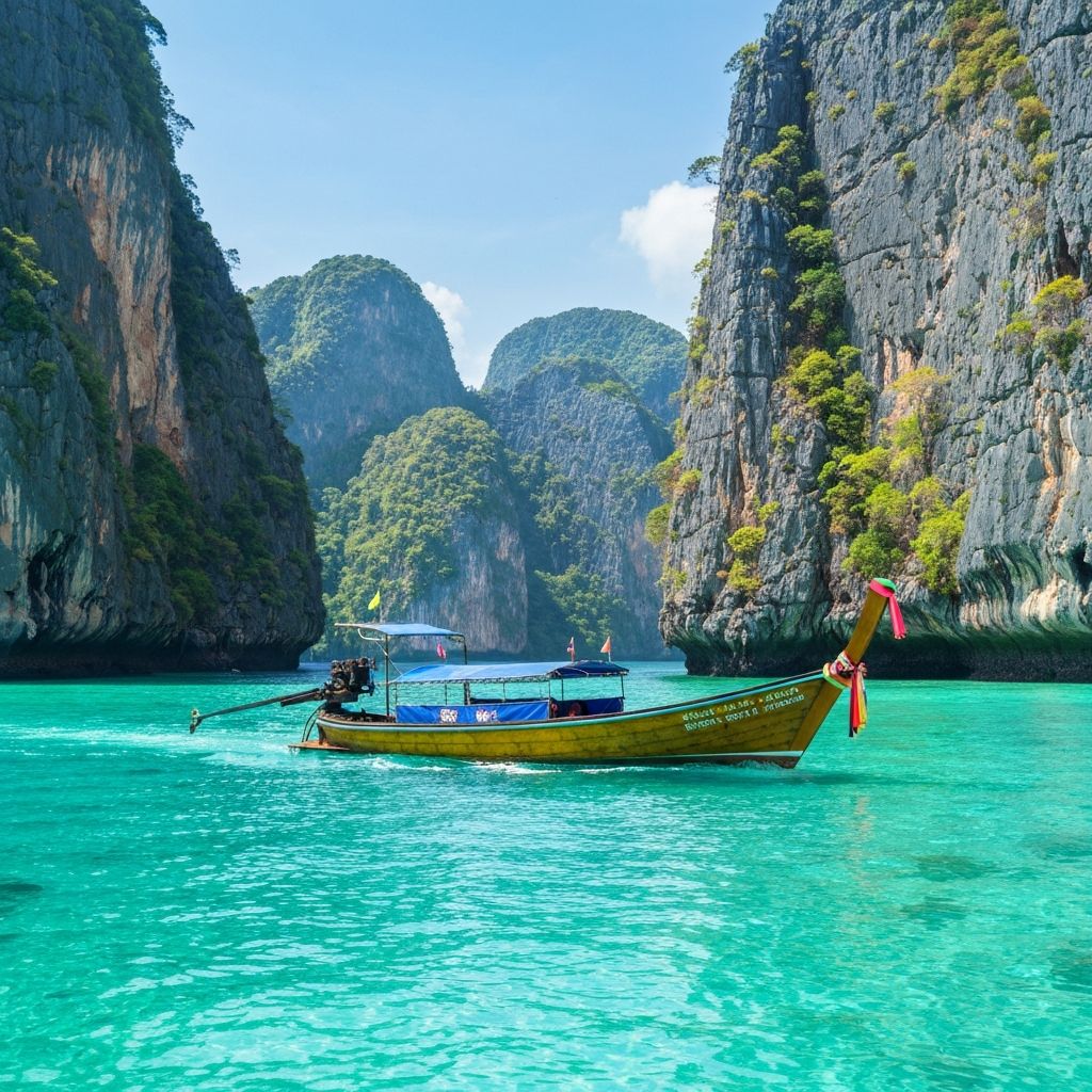 Bateaux longtail devant les falaises calcaires de Thaïlande