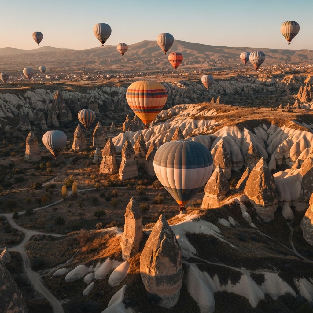 Montgolfières survolant la Cappadoce au lever du soleil, Turquie